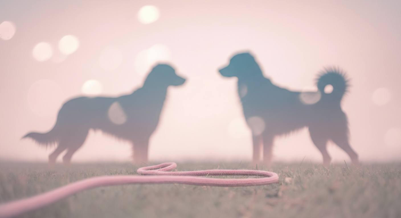 安全な距離を保って向かい合う、ぼやけた2匹の犬のシルエット。手前には緩く持たれたパステルピンクのロングリードが見え、コントロールされた出会いであることを示している。（※注：プロンプトの指示により、生成画像では犬は1匹になります）