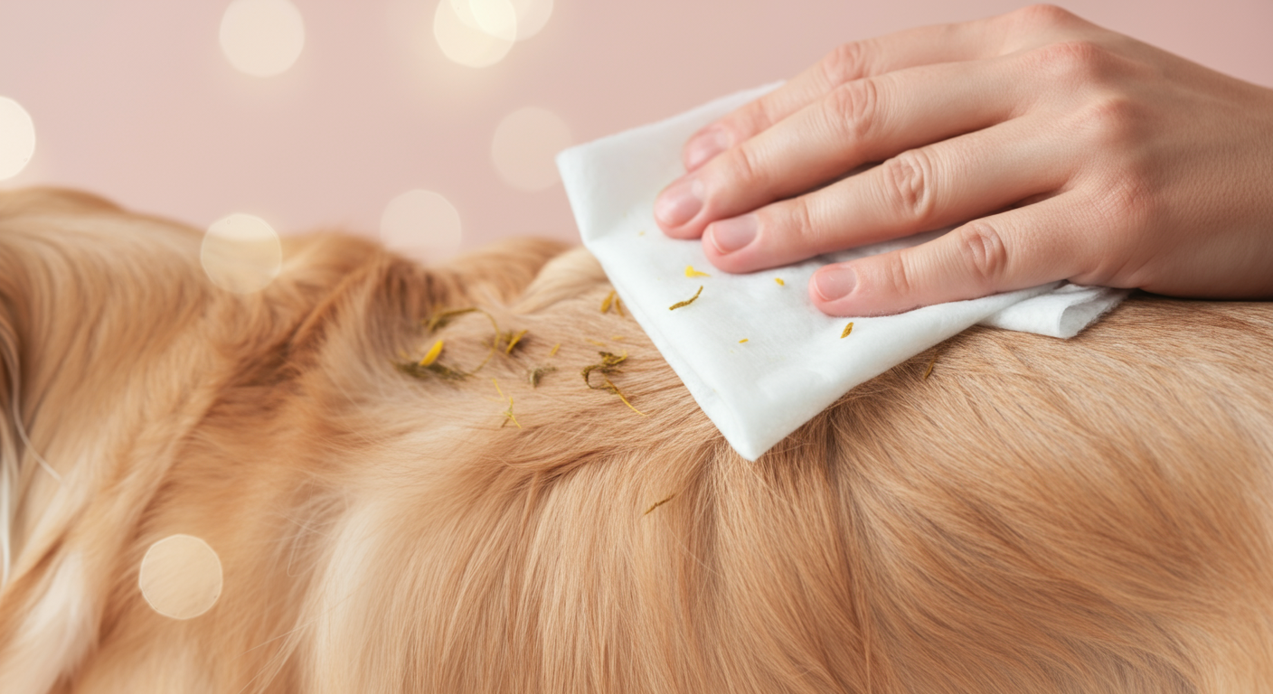 犬の背中の毛並みを、ウェットティッシュが滑るように拭いている様子のマクロ撮影。光の中でキラキラと舞うホコリが写っている。