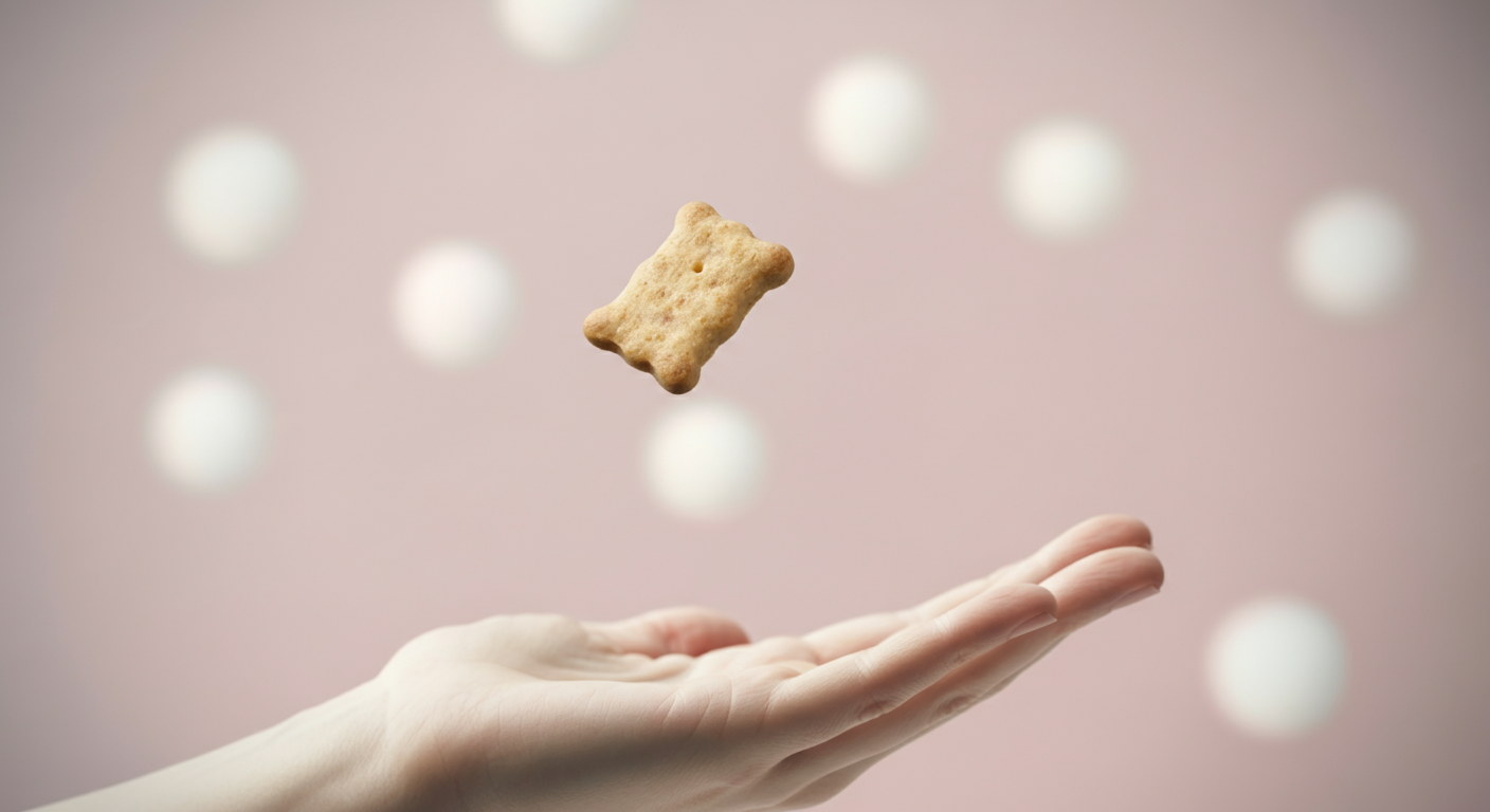 飼い主の開かれた手に向かって落ちてくる一つのおやつの写真。呼び戻しの成功を象徴している。