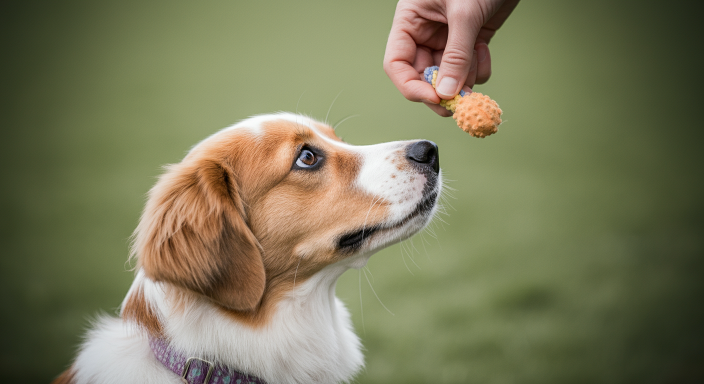 ドッグランの芝生の上で、飼い主が持つおもちゃを真剣な目で見上げる犬。
