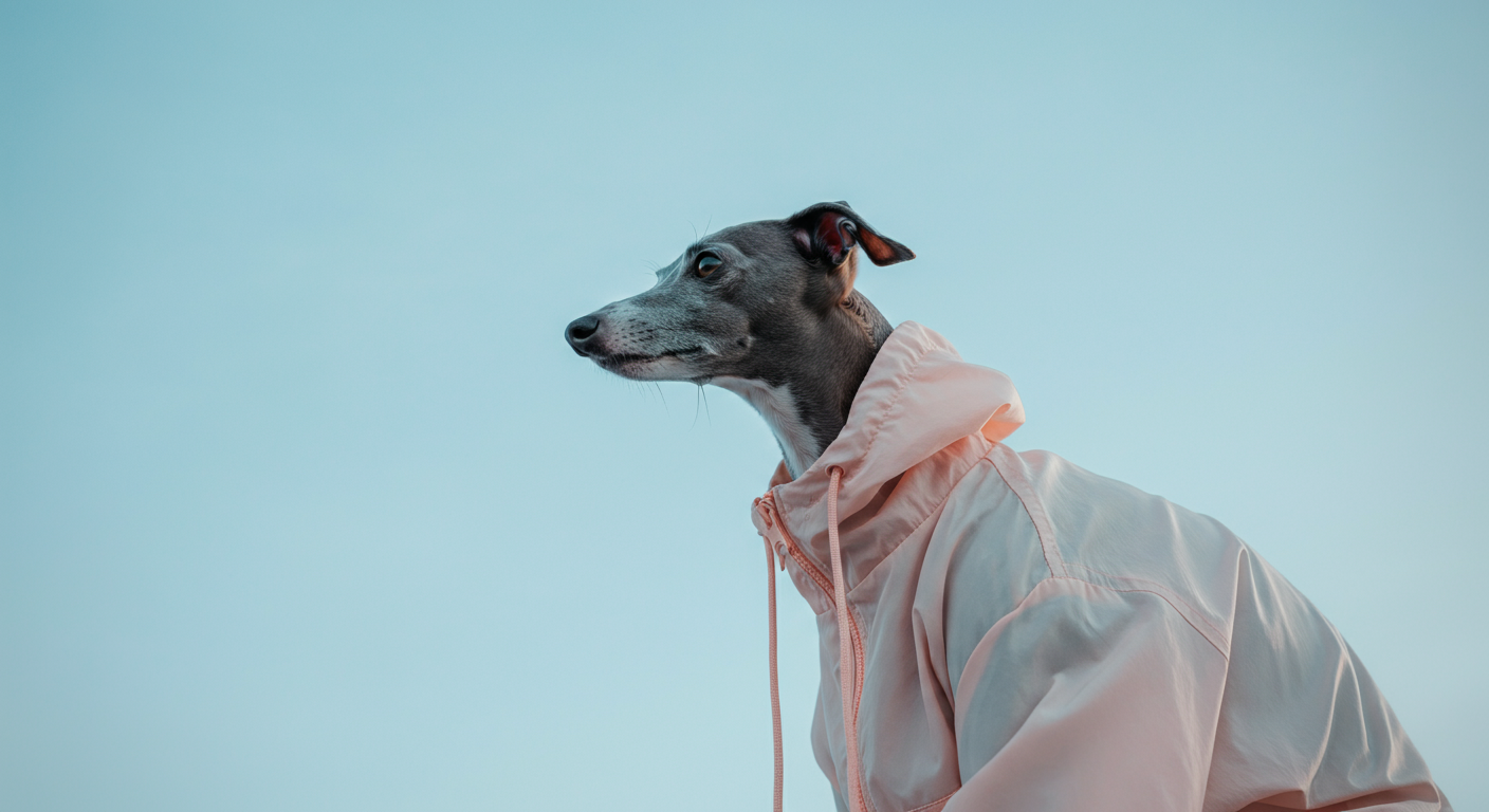 青空を背景にした、モダンで洗練されたデザインのアウトドアジャケットのシルエット。