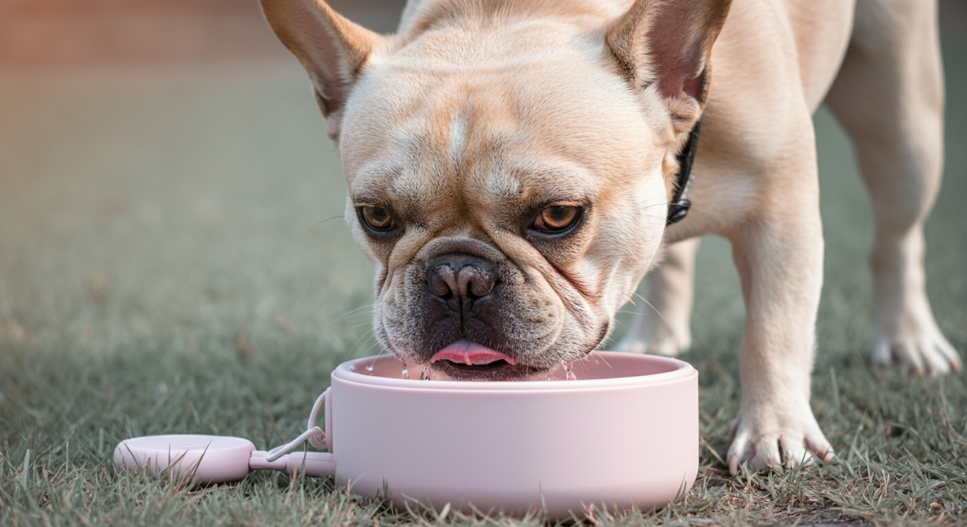 パステルカラーの携帯用ボウルから水を飲むフレンチブルドッグ。遊び終わりのリフレッシュを表現。