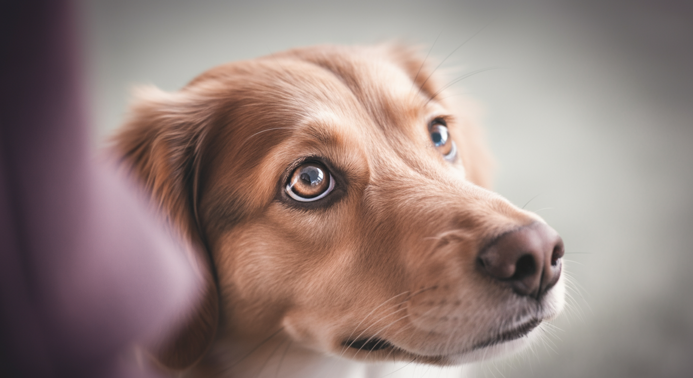 キラキラした瞳で飼い主を見上げている犬の顔のクローズアップ