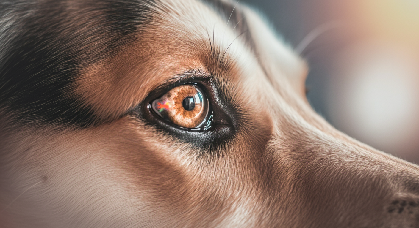 おもちゃが映り込んでいる犬の瞳のクローズアップ写真。強い集中を示している。