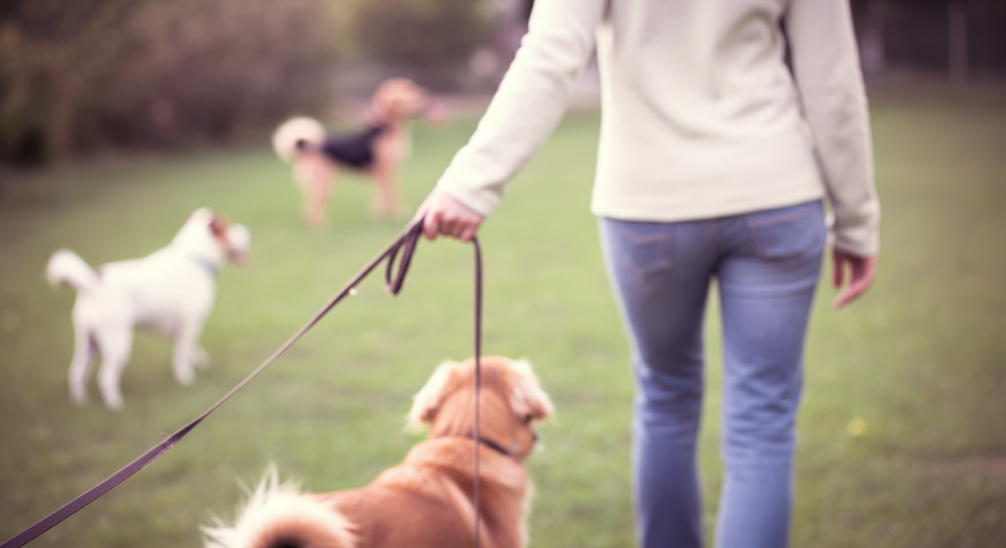 飼い主がリードを持ち、犬を連れてドッグランの他の犬たちから離れていく後ろ姿。