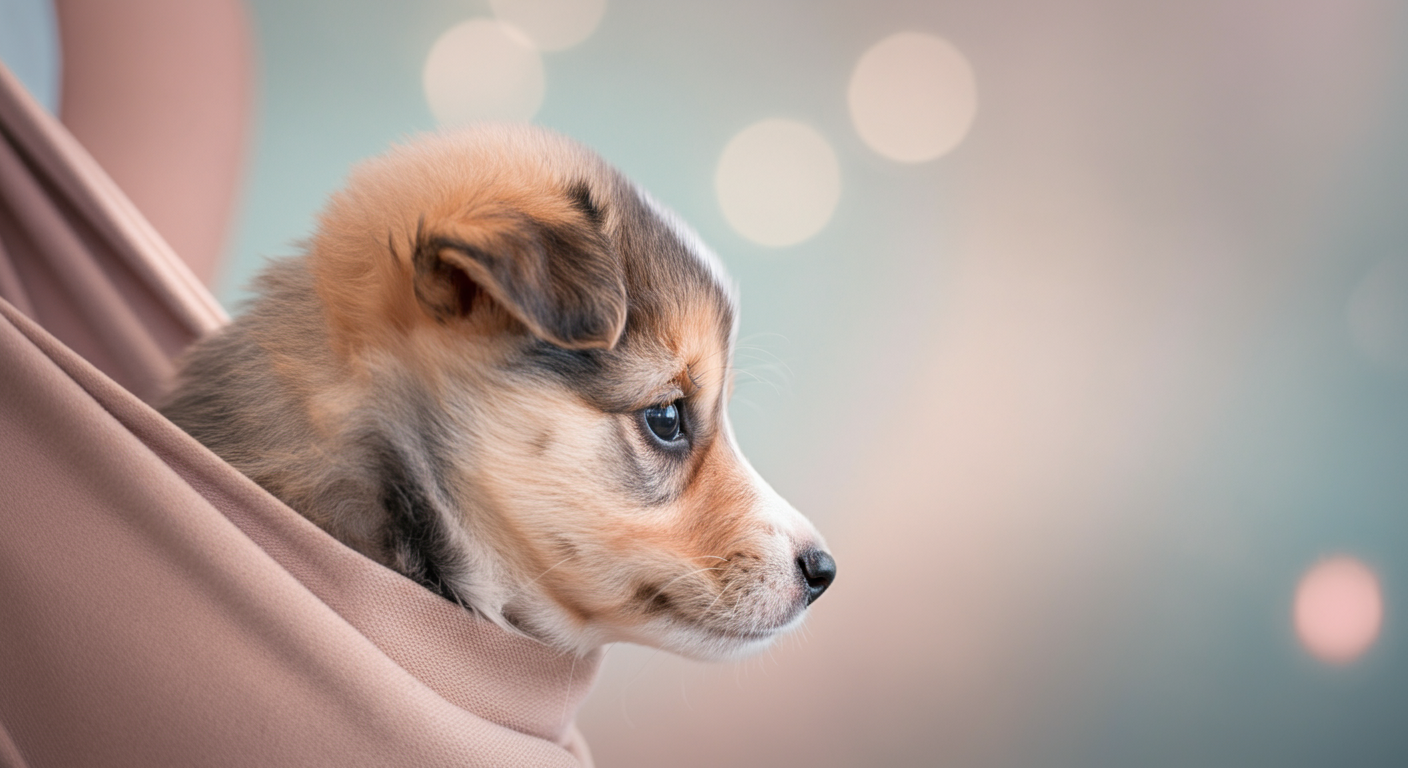 パステルカラーのスリングから好奇心旺盛な表情で外を覗いている子犬の横顔。背景は美しくぼけている。