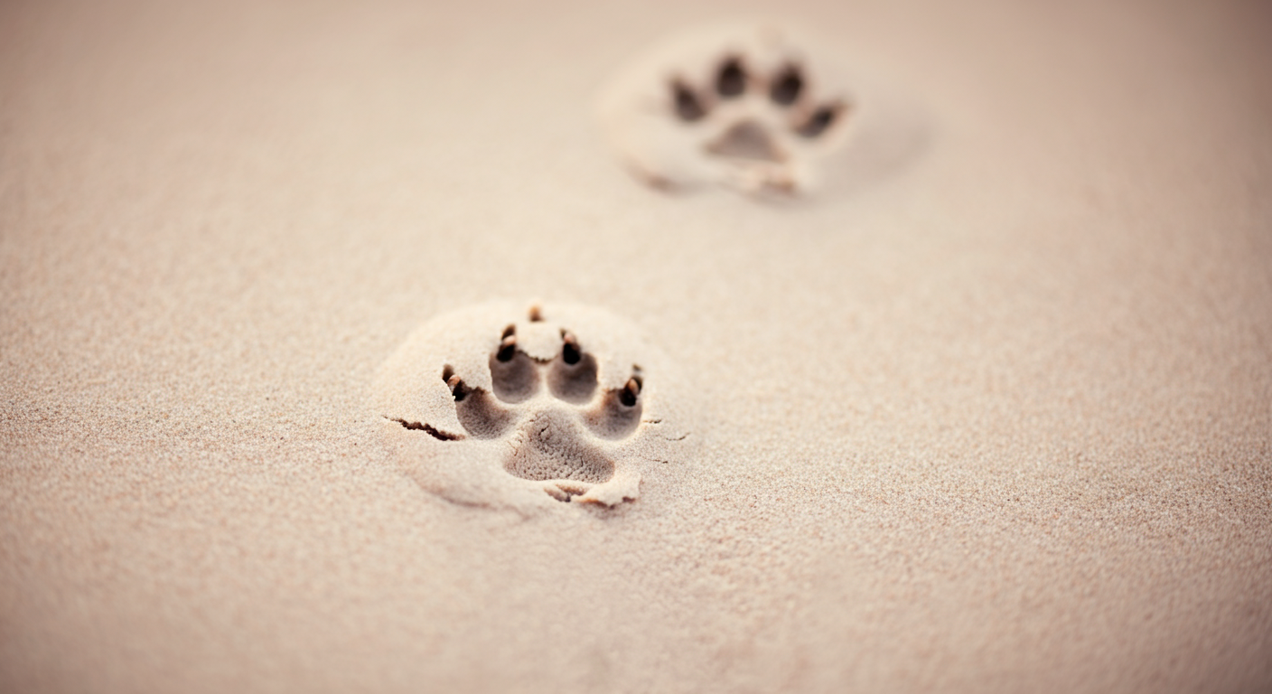 柔らかい砂に残された、子犬の足跡一つのマクロ写真。優しく、ミニマルな構図。