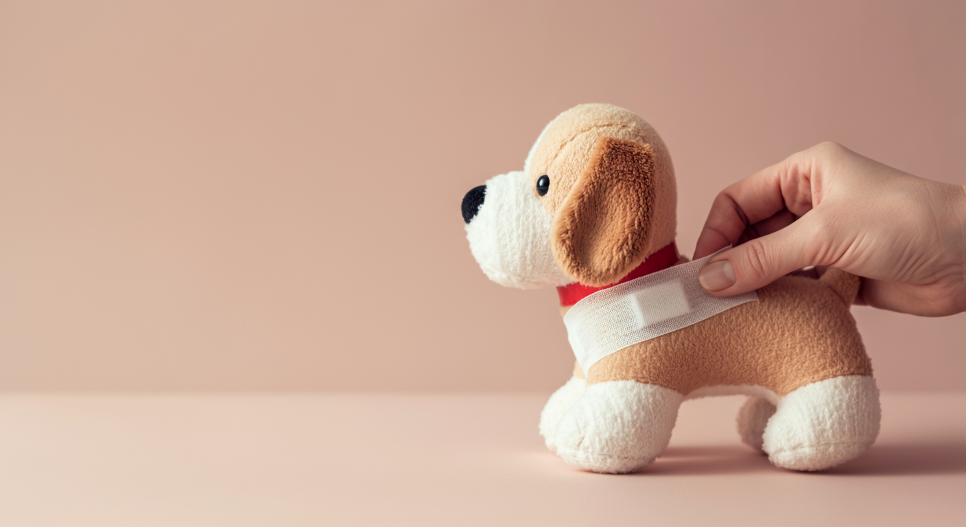 犬の足の形をしたぬいぐるみに、優しく包帯が巻かれている。応急手当の練習をイメージさせる写真。