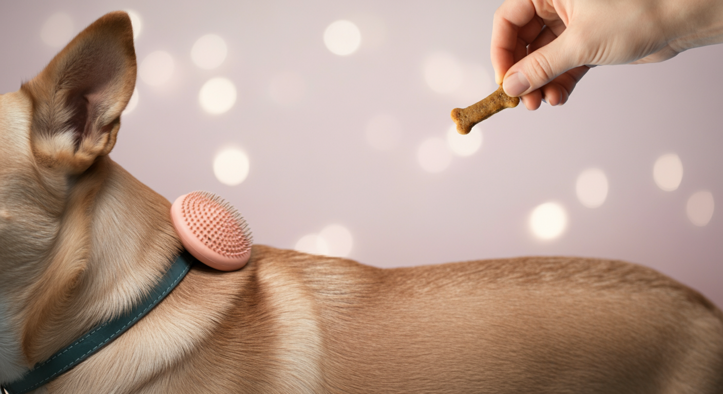 犬の背中に、ブラシがほんの一瞬だけ優しく触れている。その直後にご褒美のおやつが与えられる瞬間を捉えた写真。