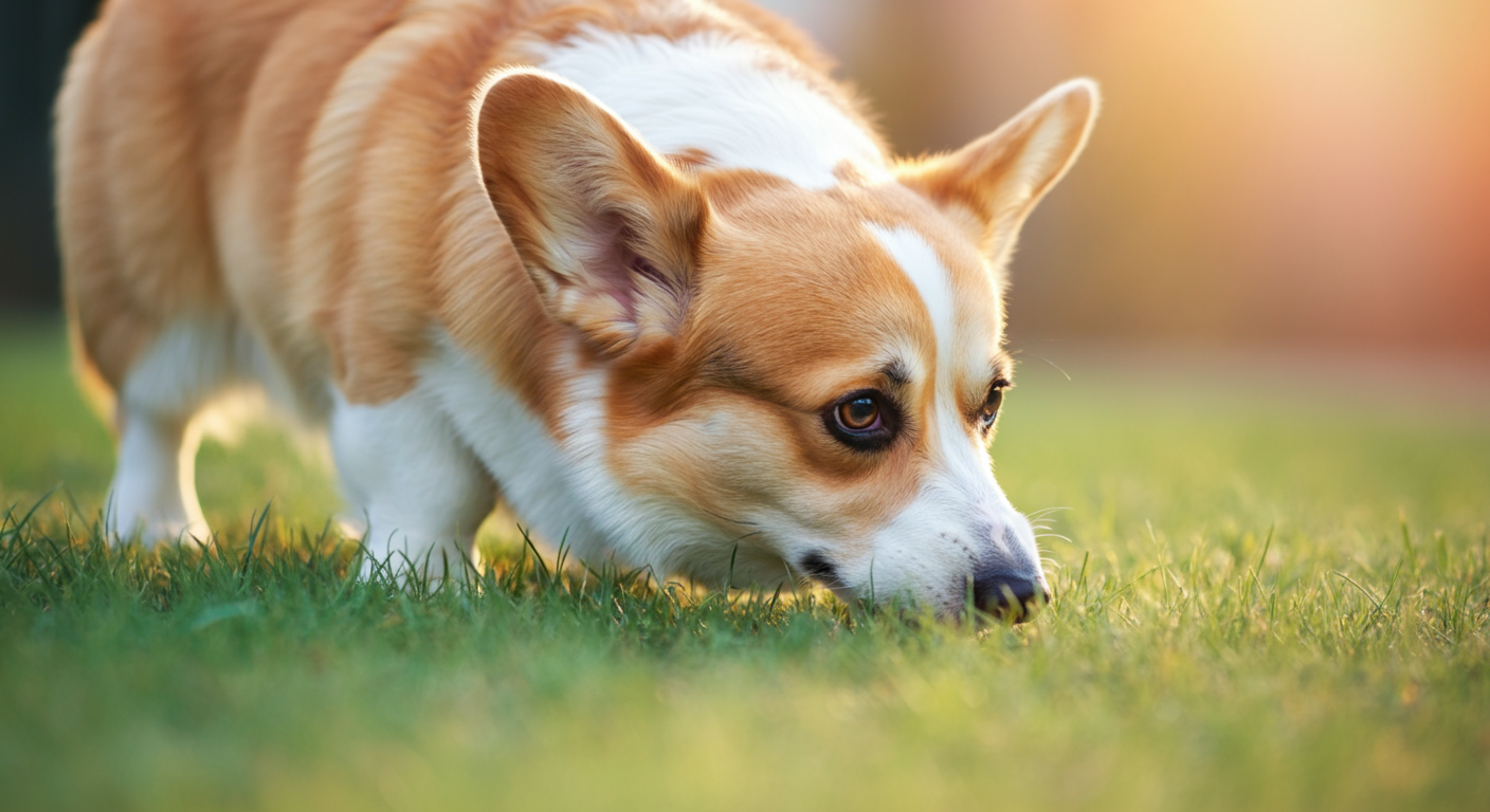 パステルグリーンの芝生の上で、地面の匂いを一生懸命に嗅いでいる一匹のコーギー。背景には柔らかな光が差し込んでいる。