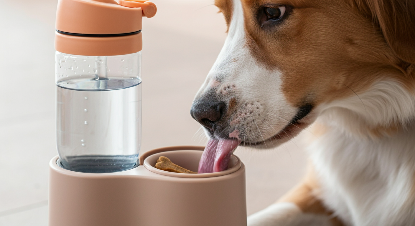 給水ボトルのお皿部分に置かれた小さなおやつを、大型犬が舌で舐め取ろうとしている瞬間のマクロ写真。