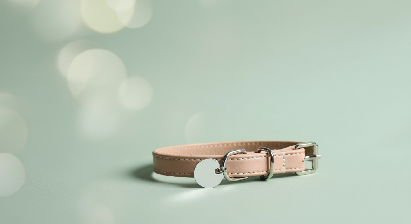 パステルグリーンの背景に置かれた、シンプルなシルバーの迷子札がついた革の首輪のクローズアップ写真。