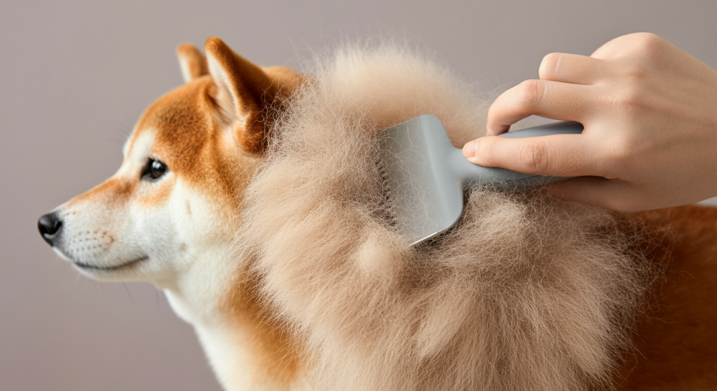 犬の二層構造の毛(ダブルコート)をかき分け、アンダーコートが見えている様子のマクロ写真。