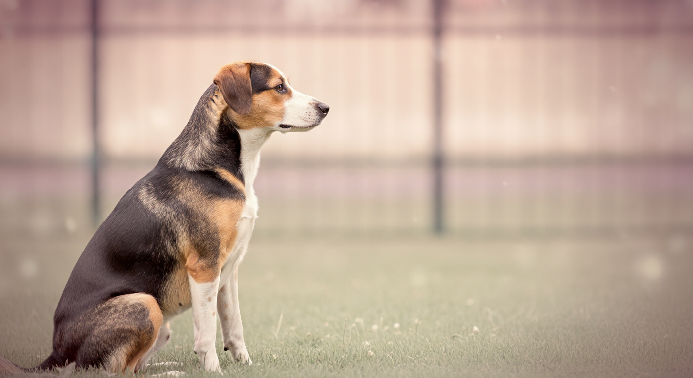 ドッグランのフェンスを遠くから静かに眺めている犬の姿。