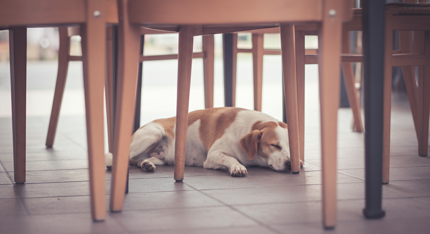 カフェのテーブルの下で、一匹の犬が静かに丸くなって眠っている。