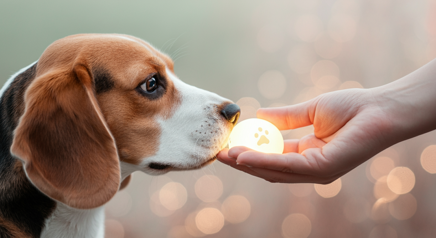 犬が犬用ライトの匂いを注意深く嗅いでいる様子