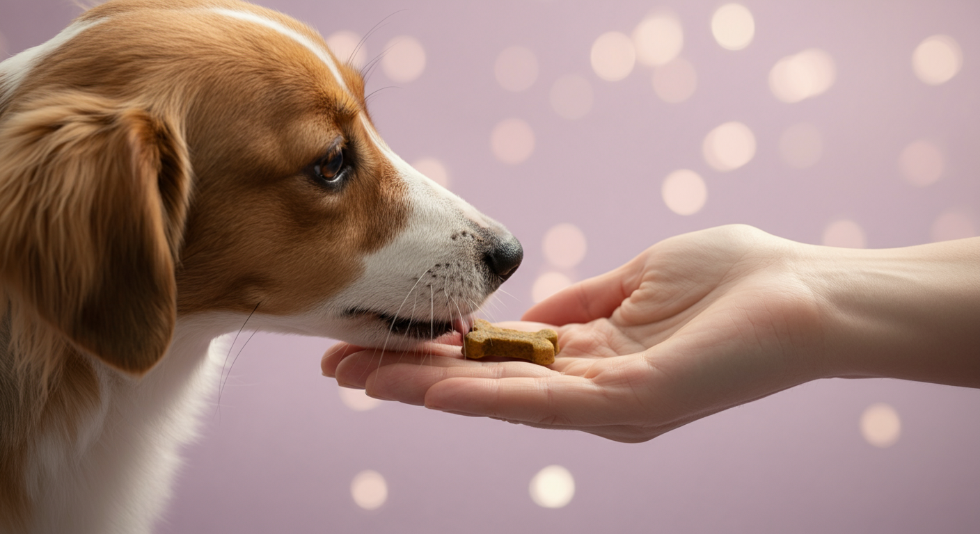 パステルカラーの背景で、人物の手のひらに乗ったおやつを優しく食べる犬の口元のクローズアップ。