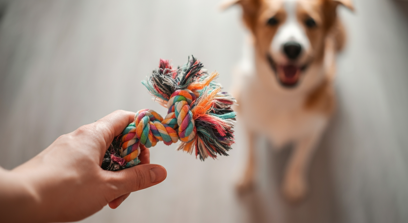 パステルカラーの背景で、人物の手がカラフルなおもちゃを持っている。犬の注意を引いている様子を抽象的に表現している。