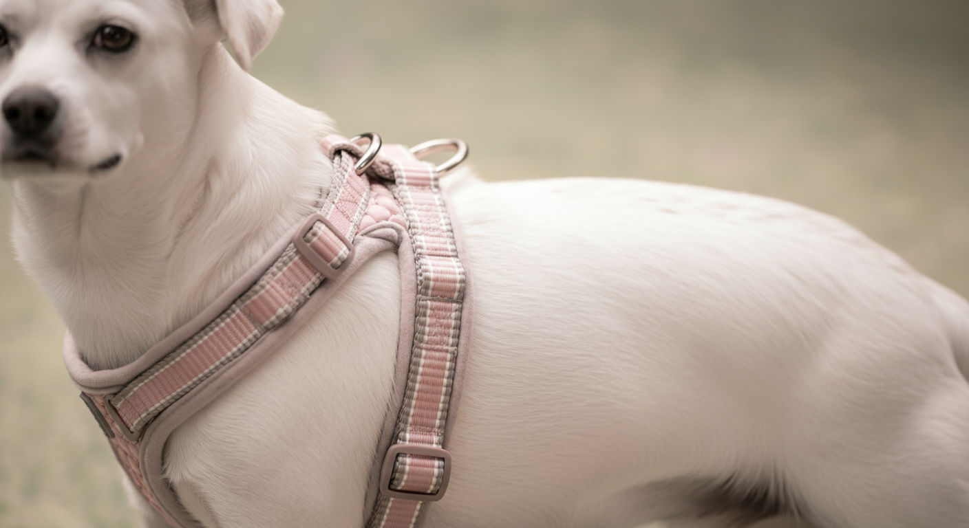 体にフィットしたパステルカラーの犬用ハーネスのクローズアップ。背景には犬がぼやけて写っている。