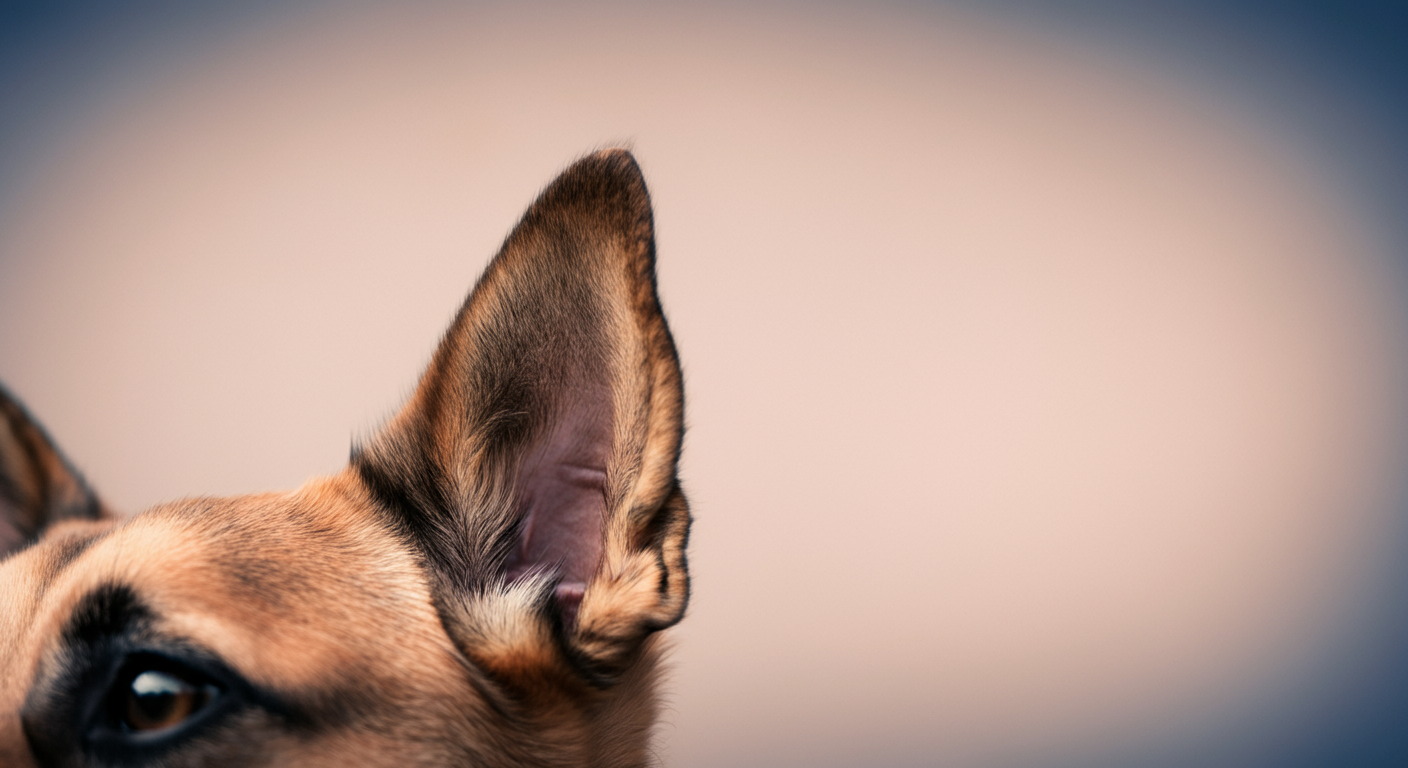 ピンと立った犬の耳のクローズアップ。犬のサインに注意を払うことの重要性を示唆している。