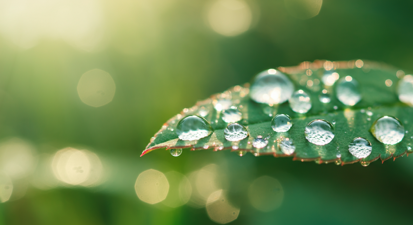 朝日を浴びて、みずみずしい緑の葉の上で輝く水滴のクローズアップ写真。