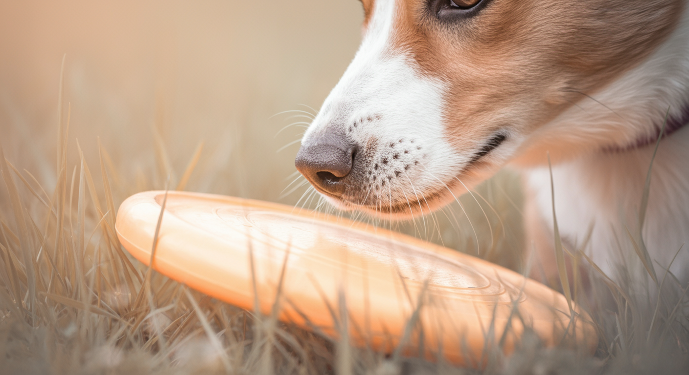 草むらの中に隠されたフリスビーを、犬が鼻先で見つけた瞬間の写真