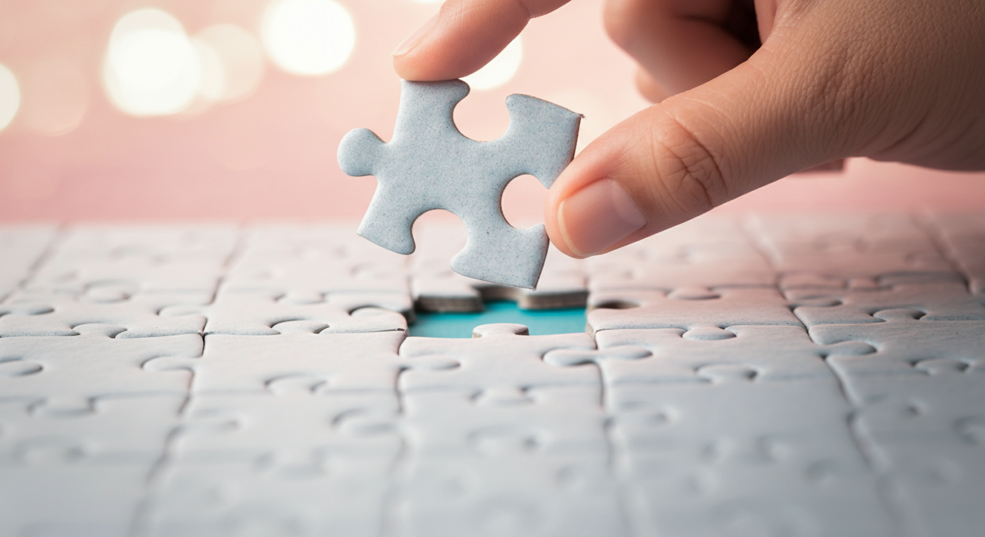 大きなパズルに、最後の一つのピースが丁寧にはめ込まれようとしている様子。