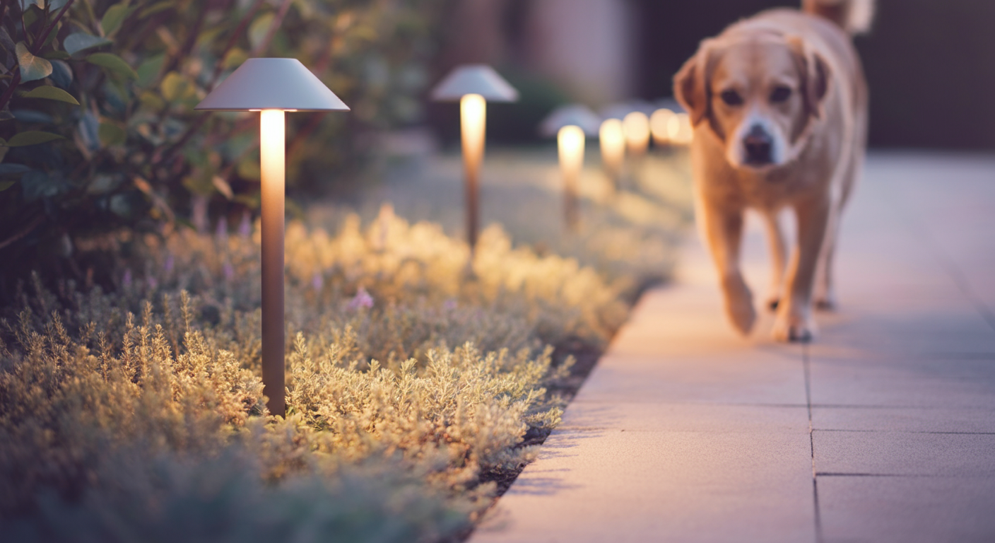 庭の小道に設置された複数のパスライトと、その横を歩く犬の足元