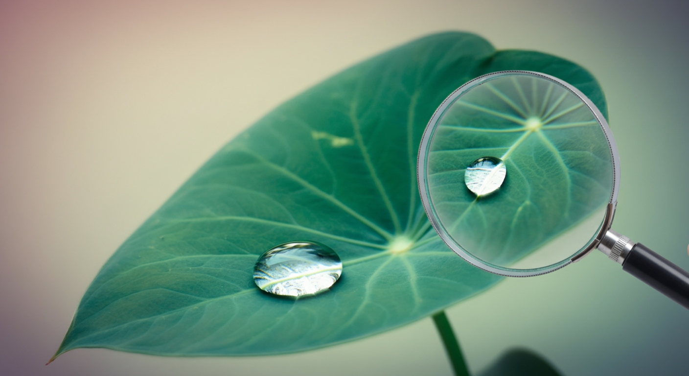 大きな緑の葉の上に乗った水滴を虫眼鏡で覗き込んでいる、精査を象徴する画像。