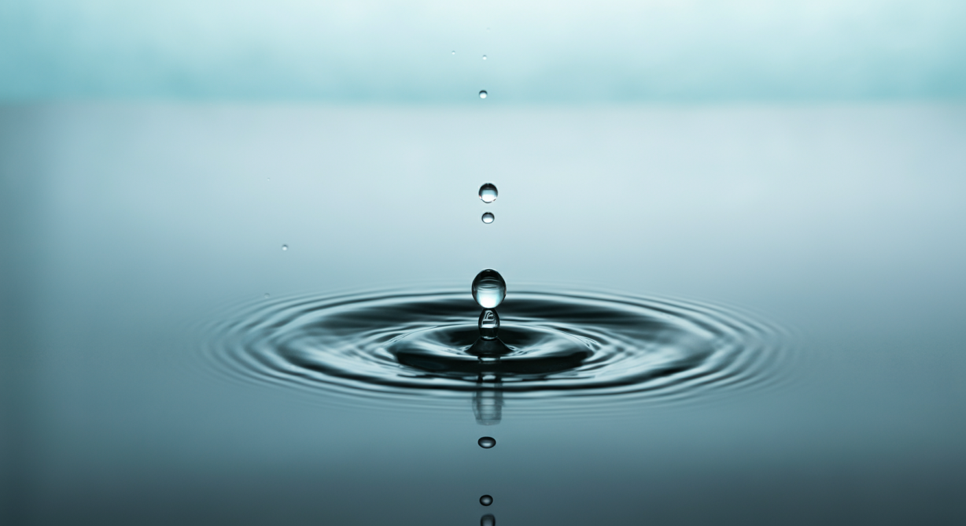 パステルカラーの背景で、滑らかな表面に一滴の水滴が落ちて波紋を広げている抽象的な写真。