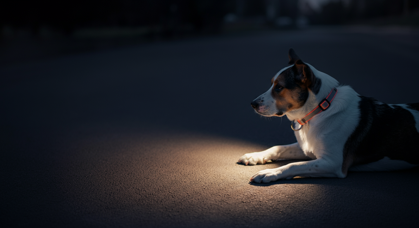 夕暮れの道に落ちる犬の足の影と、それを照らすライトの光
