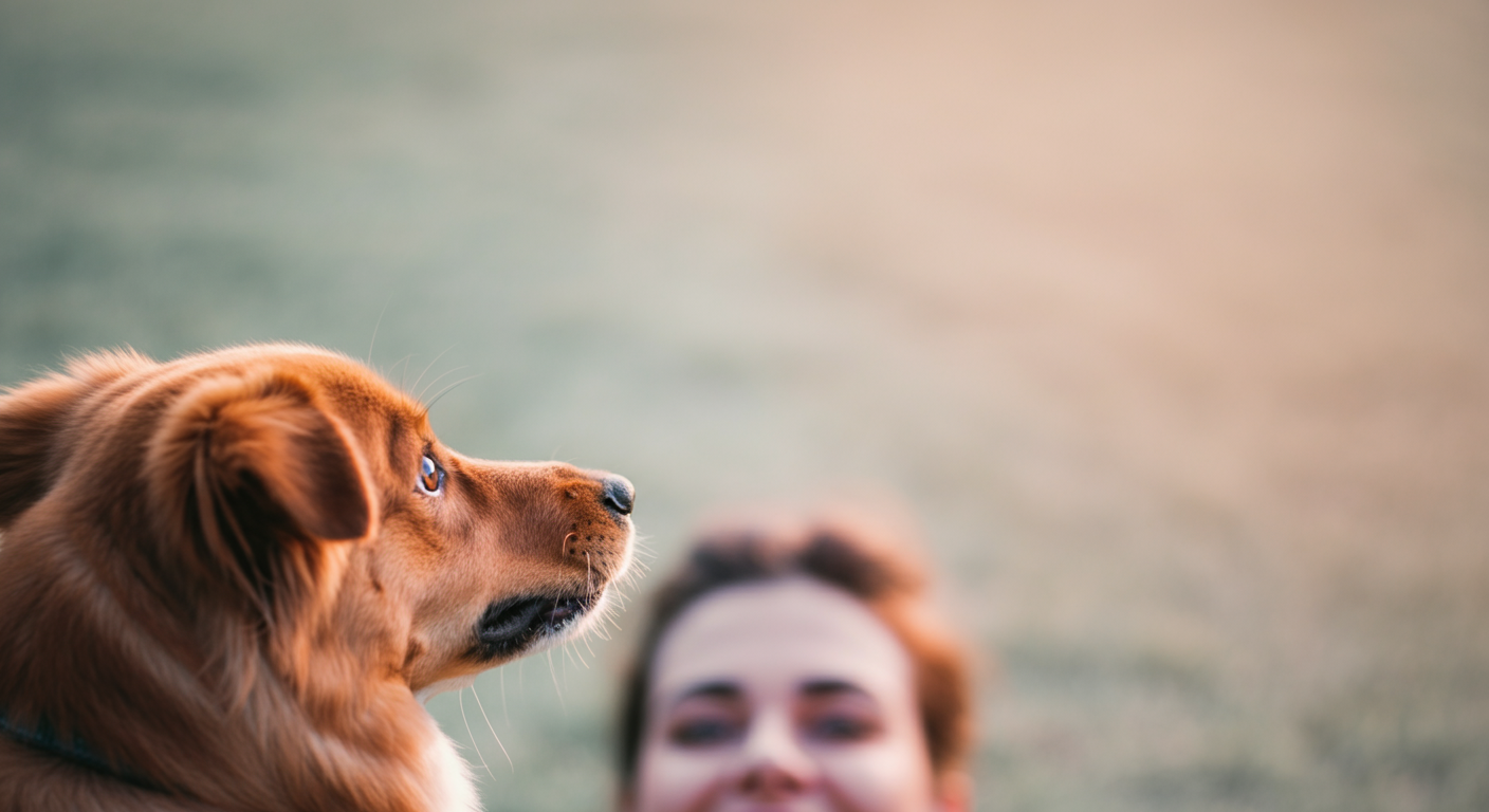 楽しそうな笑顔でフリスビーを背中に隠している飼い主を、犬の目線から見上げた構図。