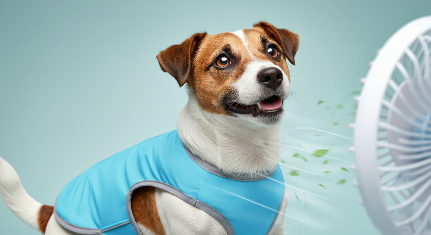 濡れたクールベストを着た犬にハンディファンからの風が当たり、冷却効果が高まっている様子。