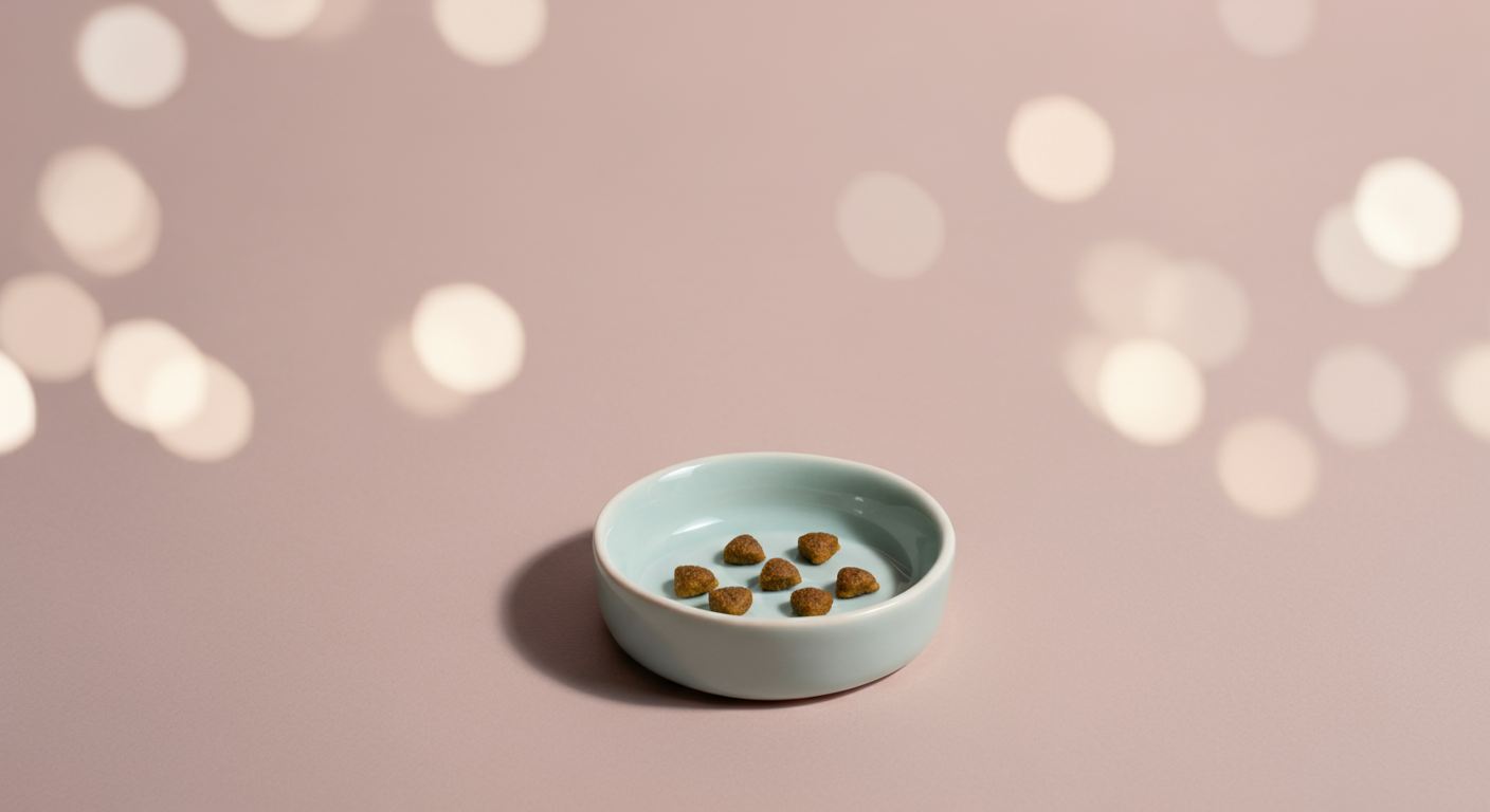 上質な陶器の小さな器に、栄養価の高いドッグフードが数粒だけ入っている。少量でも効率的な栄養摂取をイメージした写真。