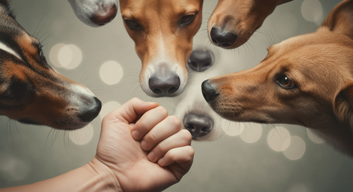 人の握りこぶしの周りに、たくさんの犬の鼻が集まって匂いを嗅いでいる抽象的な写真。おやつをねだって集まる犬たちを表現。