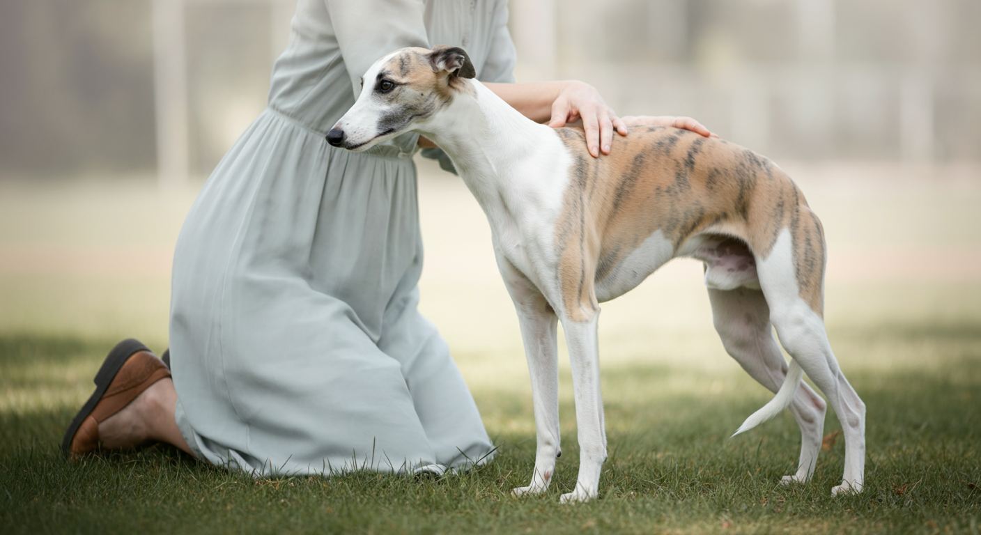 ドッグランに入る前に、飼い主がウィペットの肩を優しくマッサージしている様子。
