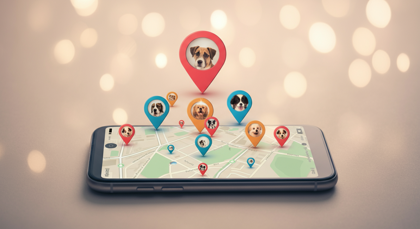 複数の犬の位置を示す、色違いのピンがまとめて表示されているスマートフォンのアプリ画面。