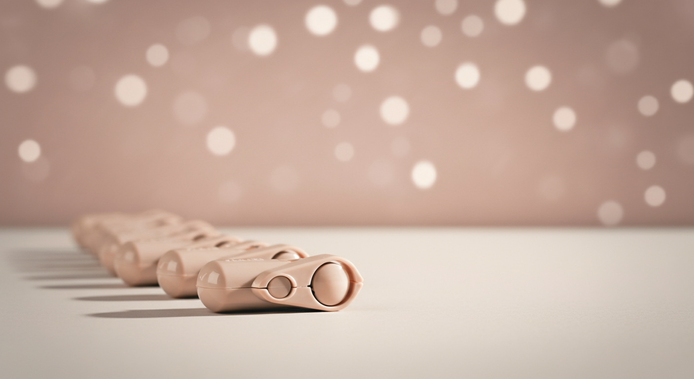 トレーニング用のクリッカーがミニマルな背景に並べられている、学びの始まりを象徴する写真。