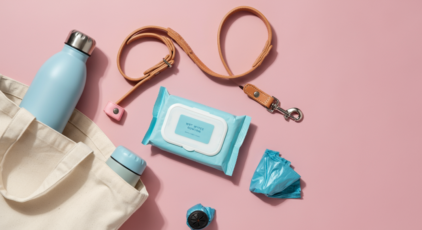 パステルカラーの背景に置かれたドッグランの持ち物。水筒、リード、うんち袋、ウェットティッシュがおしゃれなバッグから覗いている。