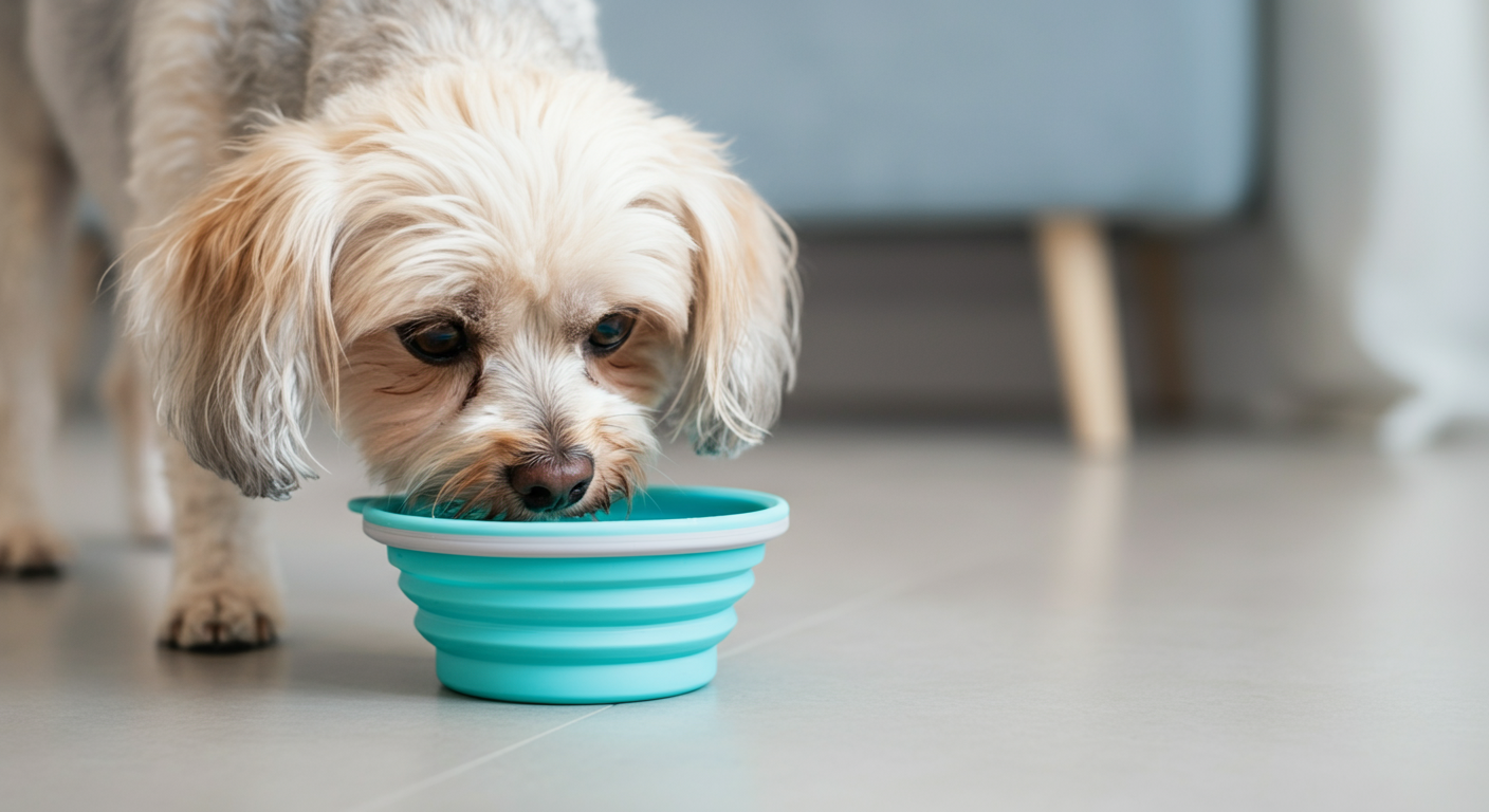 家の中で、犬が床に置かれた折りたたみ式のウォーターボウルの匂いを興味深そうに嗅いでいるクローズアップ写真。