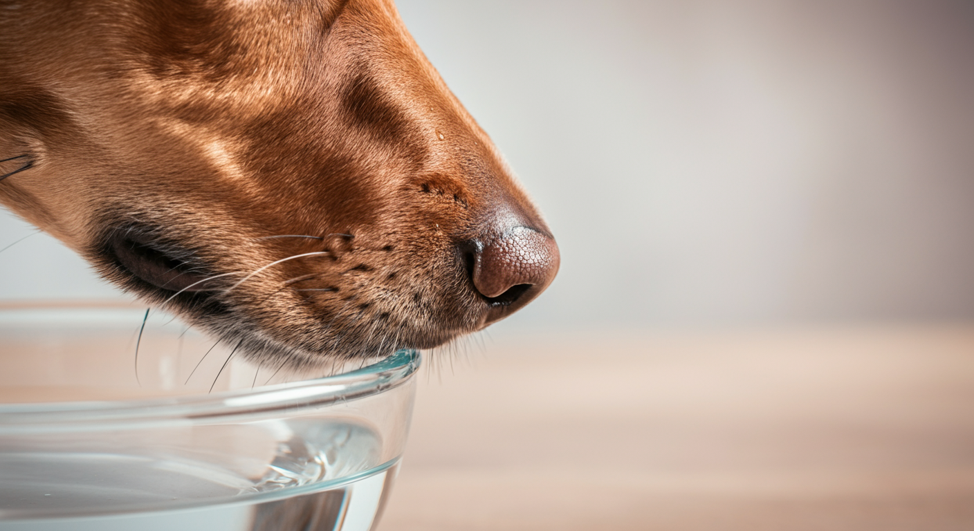 犬がガラス製の水飲みボウルの縁を慎重に嗅いでいる、鼻先の超クローズアップ写真。鼻の質感とガラスの透明感にピントが合っている。