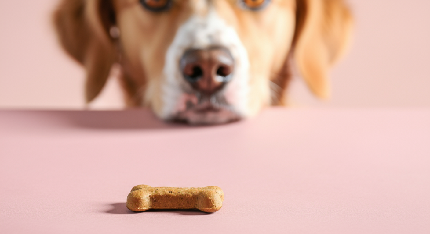 パステルカラーの床に置かれた一つのおやつのクローズアップ写真。背景には、待っている犬の鼻がぼんやりと写っている。