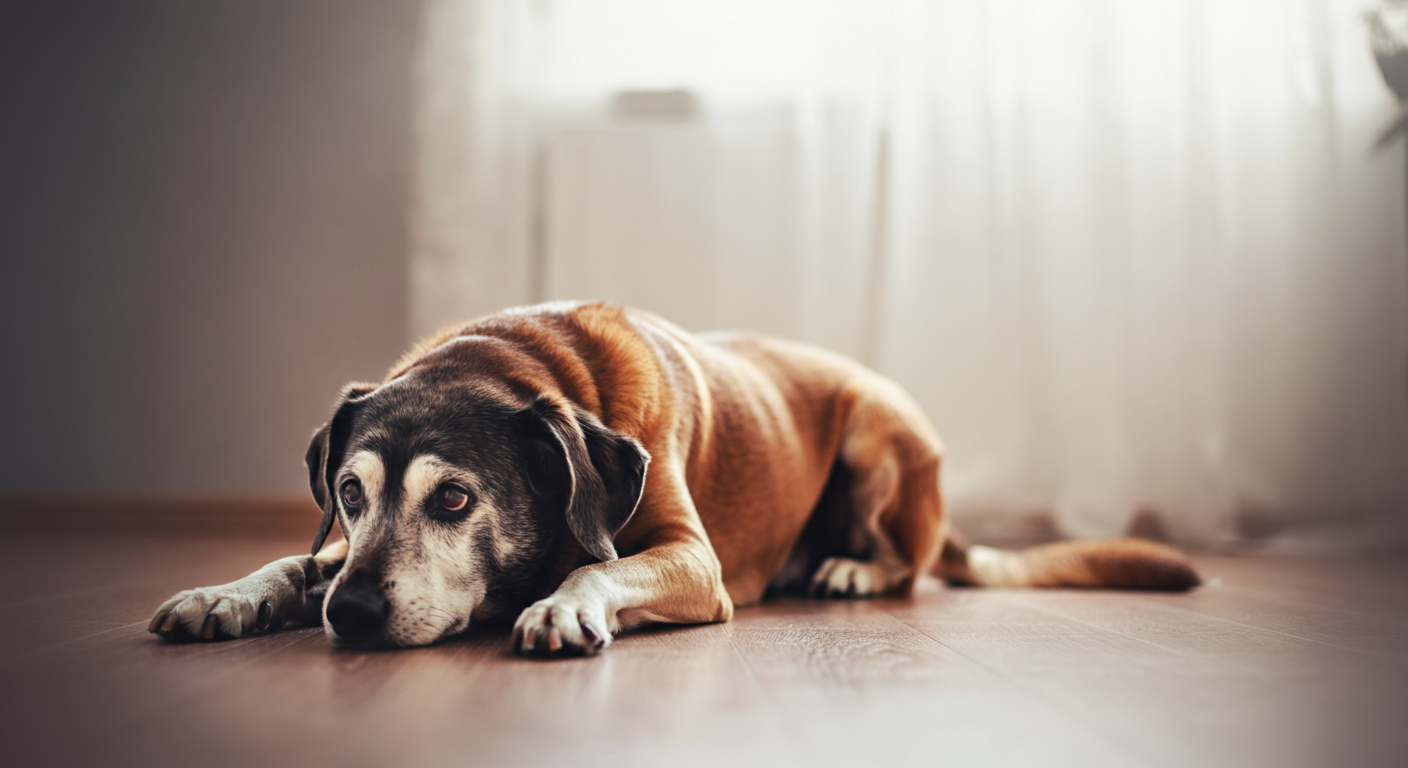 床からゆっくりと立ち上がるシニア犬の後ろ足の動きを捉えた抽象的な写真。