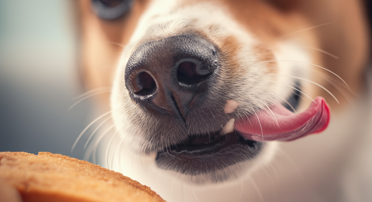 食事の後、満足そうに鼻をぺろっとなめている犬の鼻先のクローズアップ。食事への満足感をイメージした写真。