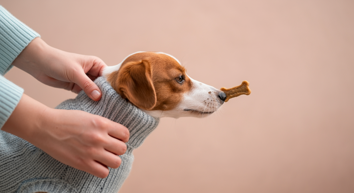 飼い主が輪にした服の首の部分から犬が顔を出し、おやつをもらおうとしているポジティブなトレーニング風景。
