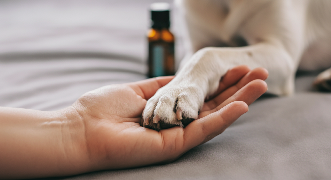 飼い主が犬の手を優しく握り、守っている様子を写したマクロ写真。背景にはアロマオイルの小瓶がぼかして配置されている。
