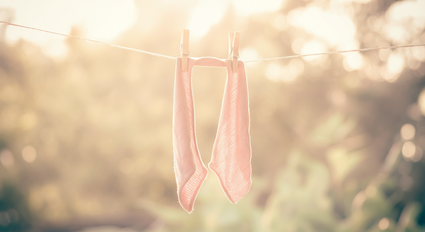 物干しロープに掛けられたクールネックが、柔らかな風にそよいでいる写真。低い太陽が長い影を作り、布の質感を際立たせている。