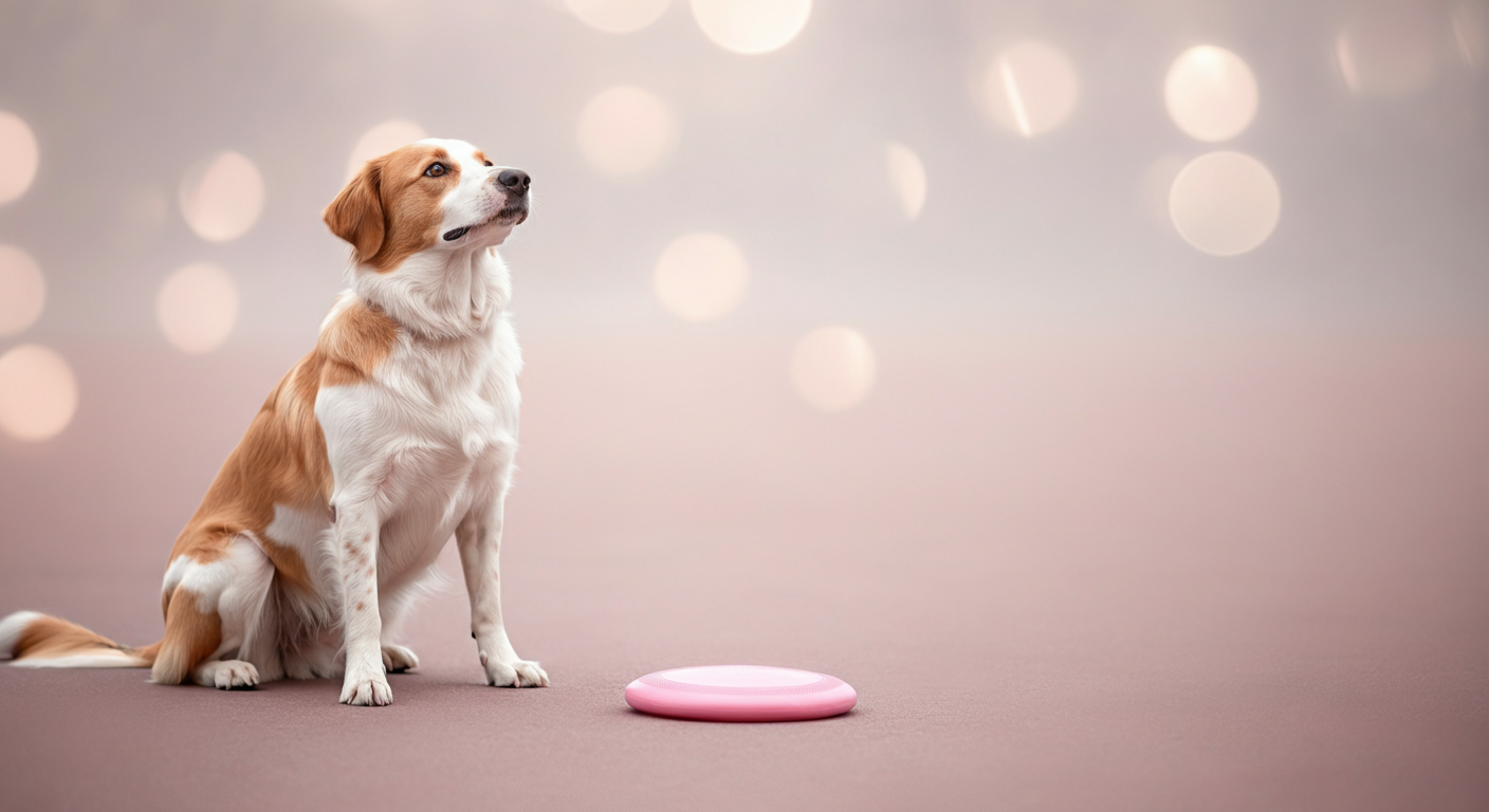 飼い主の足元に座り、フリスビーを挟んで見上げている犬