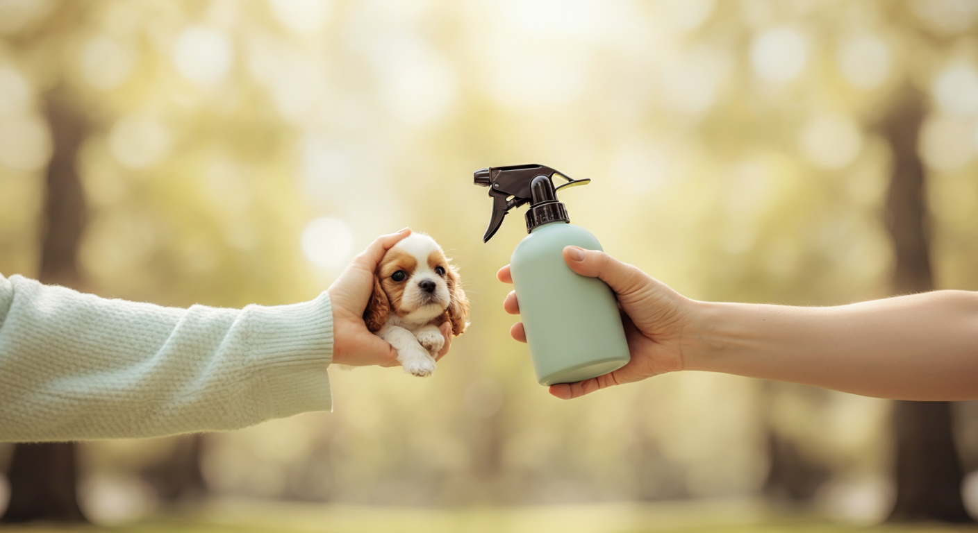 パステルカラーのミニマルな写真。公園を背景に、一人がもう一人に消臭スプレーボトルを差し出している手元の様子。
