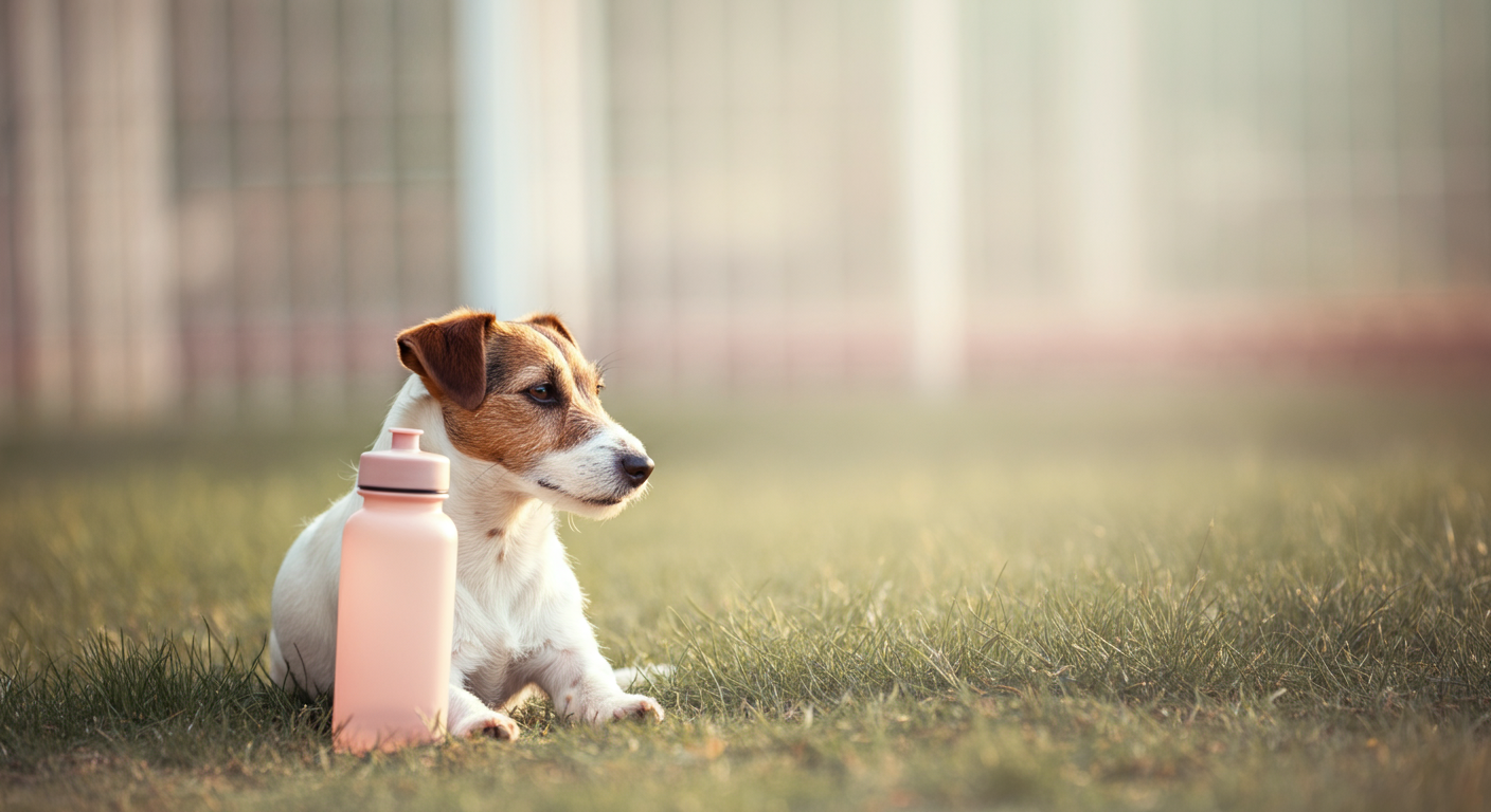 ドッグランの隅で、ピンクの給水ボトルの横に静かに座っている犬。